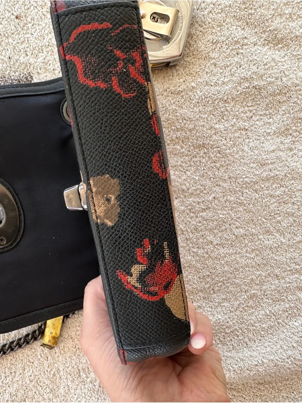 Coach Black Floral Mini Crossbody with Red Jewel Accents